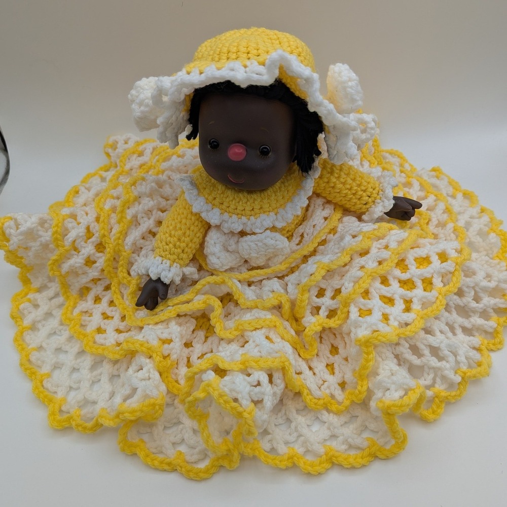 Vintage Handmade Crochet Doll Yellow White Ruffled Lace Dress & Bonnet 10 inch